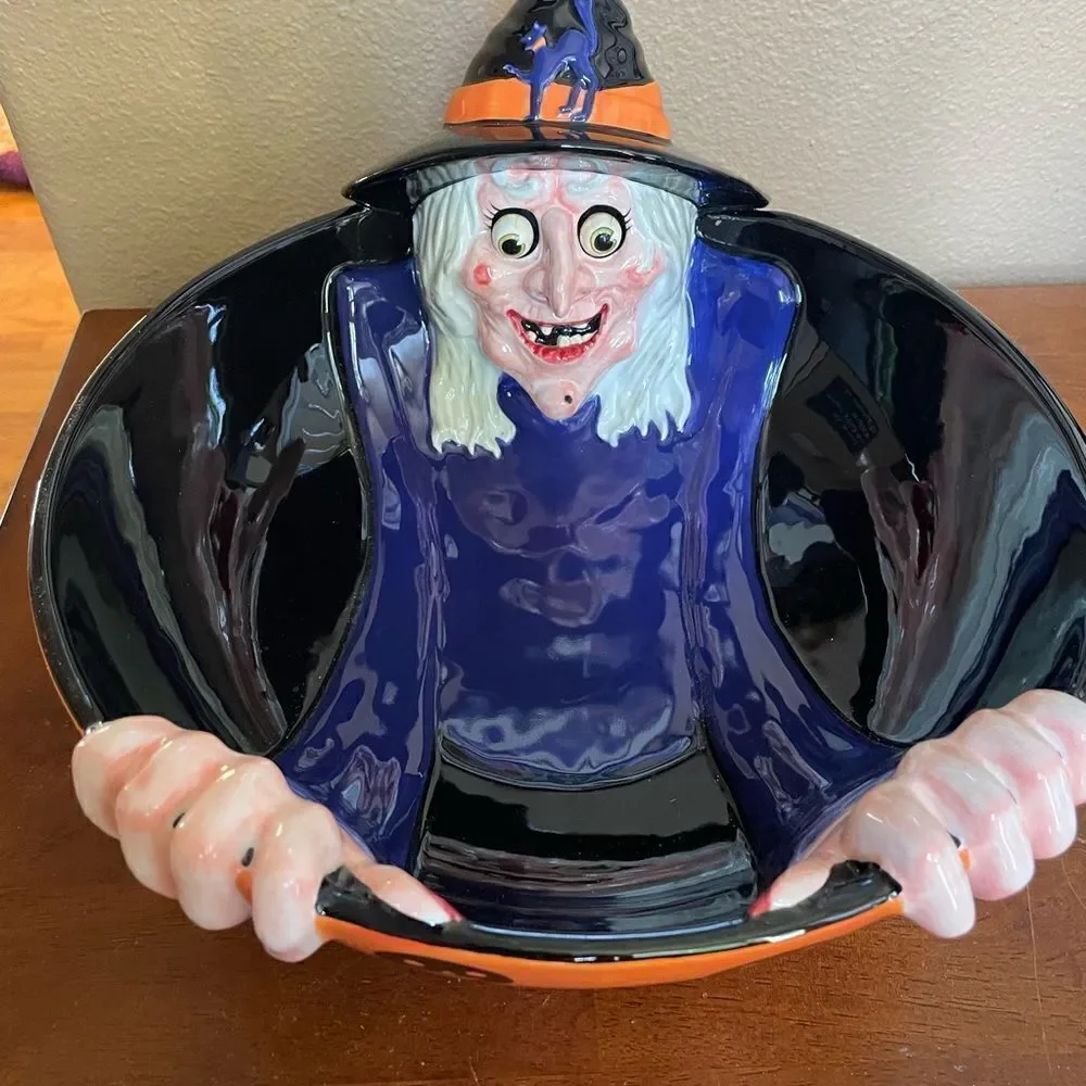 Department 56 RARE and HTF Witch Ceramic Googling Eyes Big Halloween Bowl
